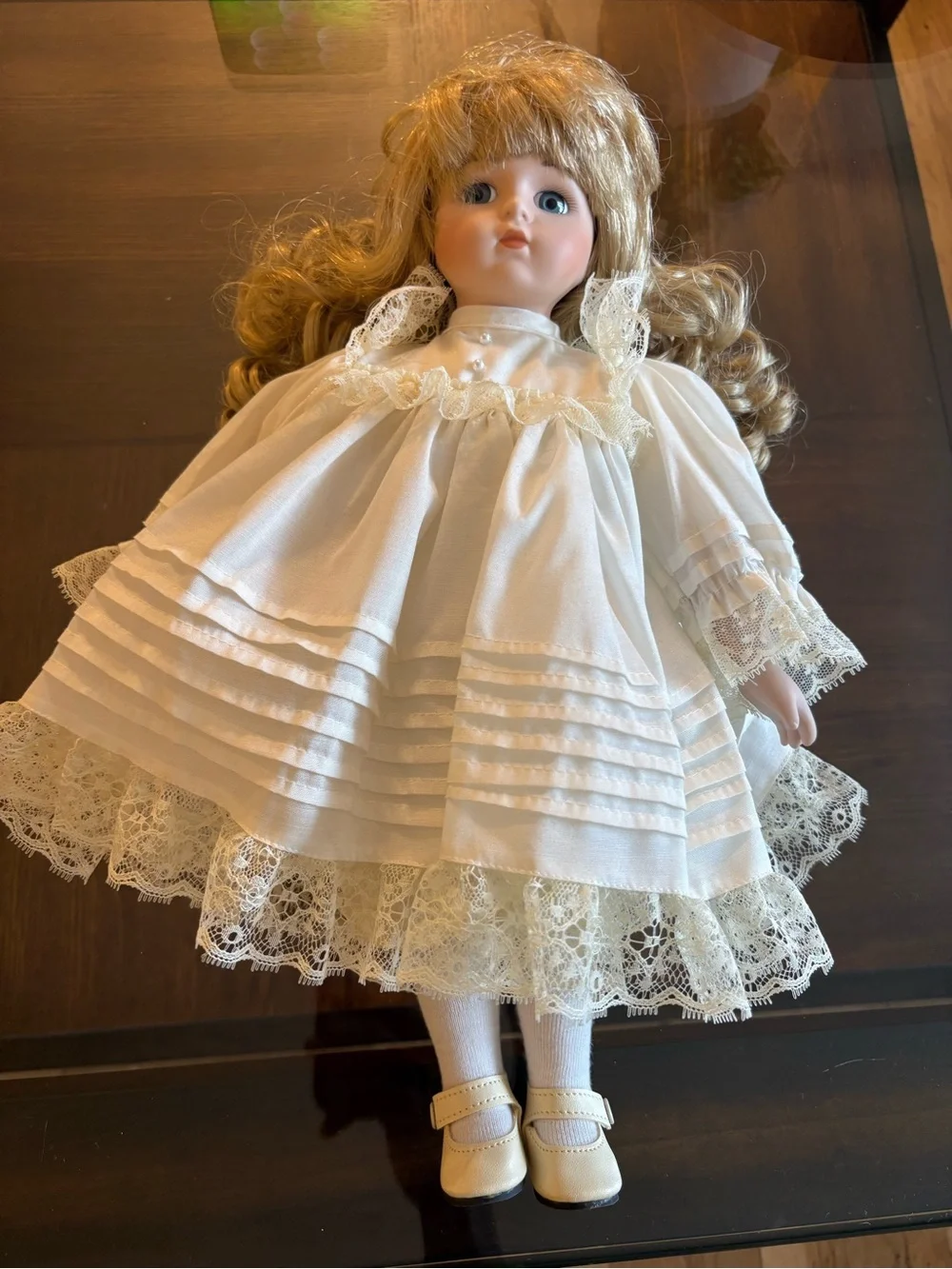 Porcelain Doll in Cream Lace Dress - Classic Kids Toy